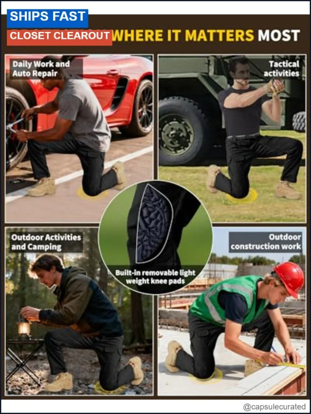 Men's Stretch Tactical Cargo Pants Water-Resistant Ripstop with Removable Knee